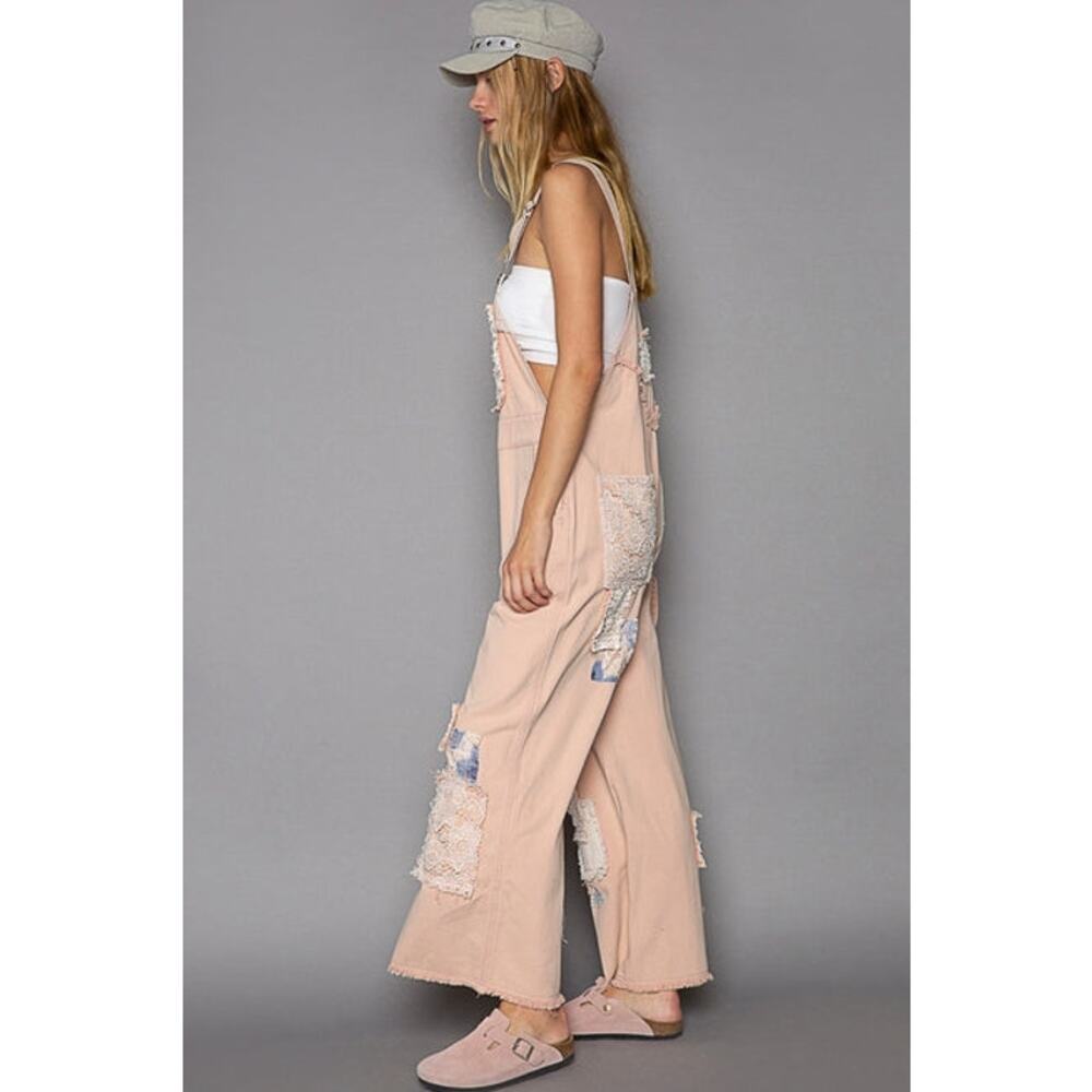 POL Salmon Pink Size Medium Crochet Patchwork Detail Casual Denim Overalls - Picture 2 of 4
